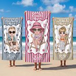 Gepersonaliseerde sneldrogende strandhanddoek van stripfiguur met naam en titel Outdoor Beach Party Verjaardagscadeau voor kinderen vrienden familie