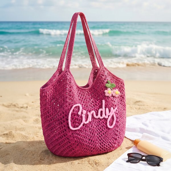 Personalized Multicolor Name Cute Flower Yarn Tote Bag Summer Vacation Use Beach Party Birthday Gift for Female Bridesmaid Besties
