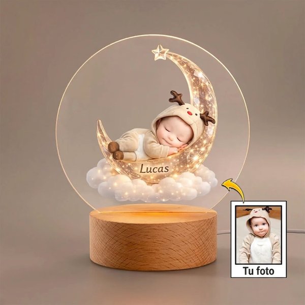Luz nocturna personalizada de acrílico con foto 3D nombre y diseño de bebé durmiendo en la luna regalo de baby shower y cumpleaños para recién nacidos