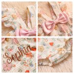 Gepersonaliseerde Roze Strik Bloemen Geborduurde Naam 100% Katoenen Baby Zomer Romper Coming Home Baby Shower Gift voor Pasgeboren Meisje