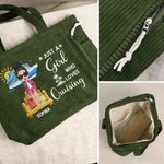 Personalized Cartoon Character Cruise Ship Corduroy Tote Bag with Text and Name Travel Essential Daily Use Birthday Gift for Her