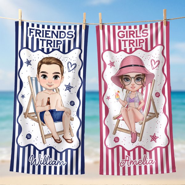 Gepersonaliseerde sneldrogende strandhanddoek van stripfiguur met naam en titel Outdoor Beach Party Verjaardagscadeau voor kinderen vrienden familie