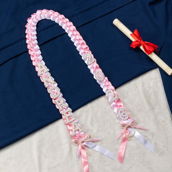 Personalized Bling Rhinestone Pearl Bowknot Letter Two-Coloured Ribbon Braided Lei with Name Party Decor Graduation Gift for Graduates