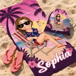 Personalised 3D Cartoon Beach Character Quick Dry Microfiber Beach Towel with Name and Drawstring Bag Travel Essential Birthday Gift for Him Her