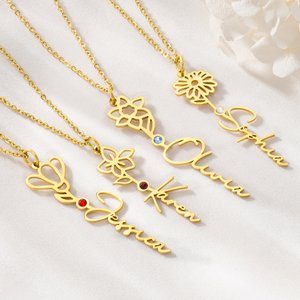 Personalised Birthstone Birth Flower Necklace with Name Birthday Anniversary Gift for Mom Grandma Aunt Girlfriend
