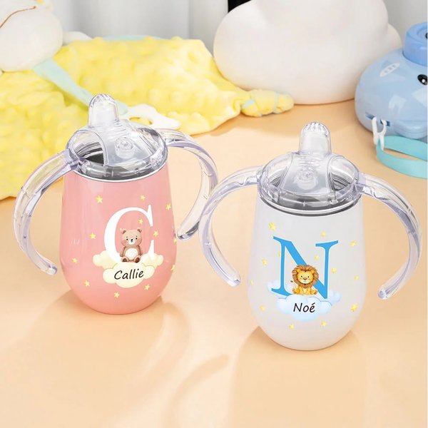 Vaso personalizado con animales del bosque e iniciales con tapa y asa 295 ml regalo de cumpleaños o regreso a la escuela para niños