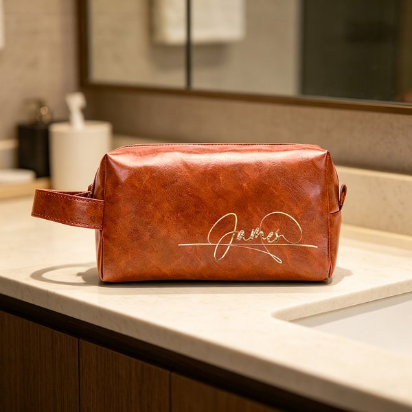 Gepersonaliseerde waterdichte PU lederen make-up tas met naam Home Business Trip Vaderdag cadeau voor man vriend vader