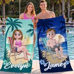 Personalised 3D Cartoon Beach Character Quick Dry Microfiber Beach Towel with Name and Drawstring Bag Travel Essential Birthday Gift for Him Her