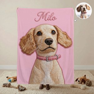 Personalised Printed Embroidery-Style Pet Photo Soft Throw Blanket with Name Home Travel Daily Use Birthday Gift for Pet Owners Lovers
