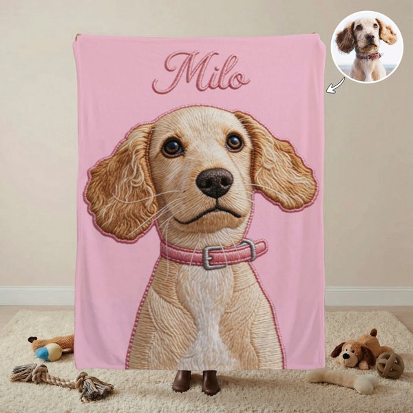 Personalized Printed Embroidery-Style Pet Photo Soft Throw Blanket with Name Home Travel Daily Use Birthday Gift for Pet Owners Lovers
