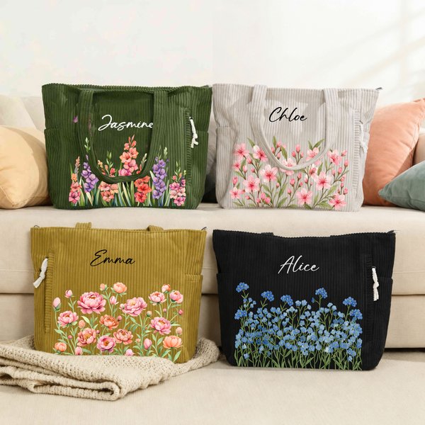 Personalized Birth Flower Name Corduroy Large Capacity Corduroy Tote Bag with Zipper and Front Pocket Daily Use Birthday Travel Gift for Her