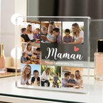 Plaque carrée en acrylique personalisée avec texte et 7 photos de famille - Cadeux d'aniversaire et fête des Mères pour les femmes