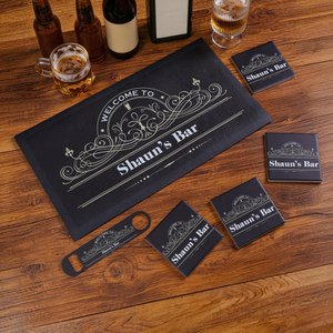 Personalized Retro Bar Mat Coaster Bottle Opener Set with Text and Year Bar Accessory Father's Day Birthday Gift for Bartender Cocktail Lover