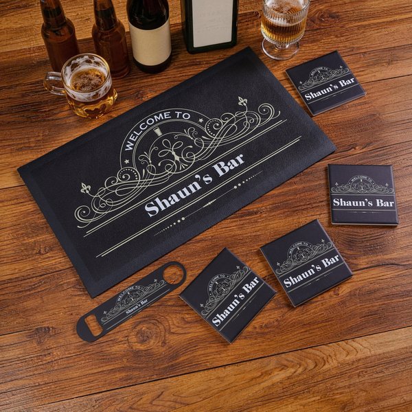 Personalized Retro Bar Mat Coaster Bottle Opener Set with Text and Year Bar Accessory Father's Day Birthday Gift for Bartender Cocktail Lover