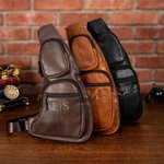 Personalised Minimalist Monogram PU Leather Crossbody Sling Chest Bag Father's Day Birthday Anniversary Gift for Dad Boyfriend Husband