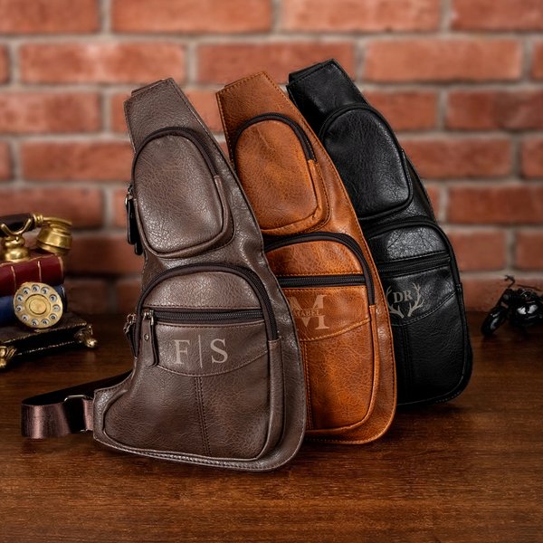 Personalised Minimalist Monogram PU Leather Crossbody Sling Chest Bag Father's Day Birthday Anniversary Gift for Dad Boyfriend Husband