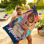 Personalised 3D Cartoon Beach Character Quick Dry Microfiber Beach Towel with Name and Drawstring Bag Travel Essential Birthday Gift for Him Her