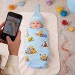Personalized Classic Winnie the Pooh 100% Cotton Soft Swaddle Hat Set with Name Birthday Baby Shower Gift for Baby Newborn