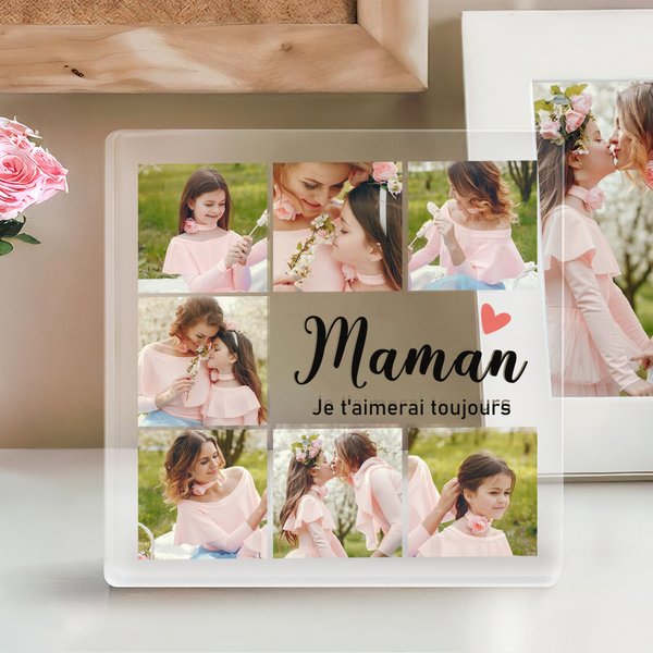 Plaque carrée en acrylique personalisée avec texte et 7 photos de famille - Cadeux d'aniversaire et fête des Mères pour les femmes