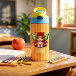 Personalizada Nacimiento Flor Highland Vaca Nombre 12 oz Botella de agua con pajita y asa de vuelta a la escuela Regalo de cumpleaños para las niñas