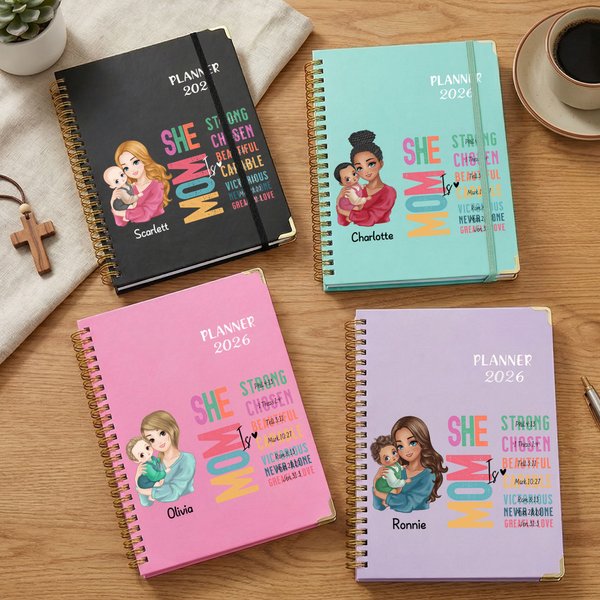 Personalised She Is Mom Bible Verse Cartoon 2026 Planner Spiral A5 Notebook with Name Birthday Christianity Gift for Mom Christian