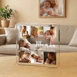 Plaque carrée en acrylique personalisée avec texte et 7 photos de famille - Cadeux d'aniversaire et fête des Mères pour les femmes
