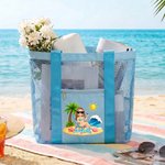 Personalized 3D Cartoon Sandbeach Character Mesh Beach Tote Bag with Name Summer Vacation Swimming Pool Birthday Gift for Women Girls
