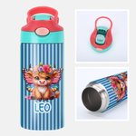 Personalizada Nacimiento Flor Highland Vaca Nombre 12 oz Botella de agua con pajita y asa de vuelta a la escuela Regalo de cumpleaños para las niñas