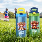 Personalizada Nacimiento Flor Highland Vaca Nombre 12 oz Botella de agua con pajita y asa de vuelta a la escuela Regalo de cumpleaños para las niñas