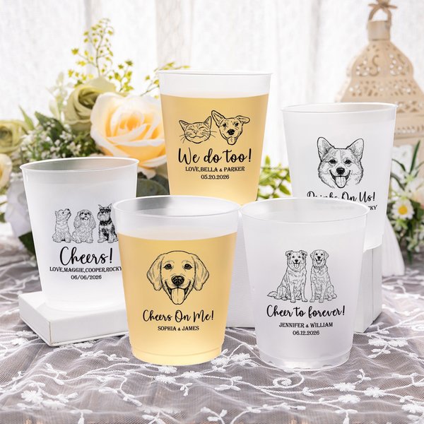 Personalized Line Art Style Pet Photo Disposable Frosted Plastic Cups with Name Set of 10 Daily Use Wedding Party Gift for Guests Newlyweds