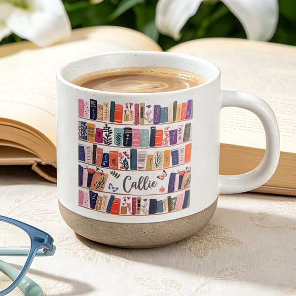 Personalisierte Vintage Floral Bücherregal Bibliothek 11,8 oz Keramikbecher mit Namen tägliches Trinken Geburtstagsgeschenk für Buchliebhaber