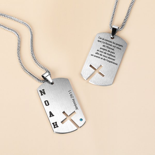 Collier personnalisé avec pierre de naissance gravure de nom et texte - Design de croix évidé - Cadeau de baptême communion pour les chrétiens