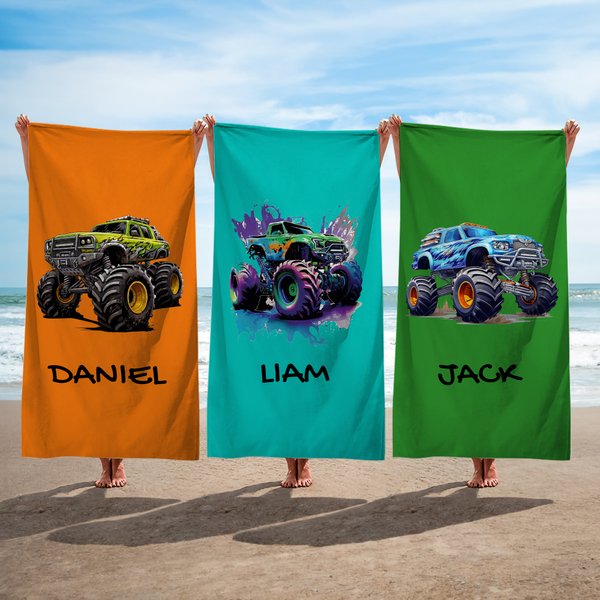 Personalisierte farbenfrohe kühle LKW weiche schnell trocknen Strand Handtuch mit Namen Sommer Urlaub Geburtstag Strand Party Geschenk für Jungen Kinder Teens LKW-Liebhaber