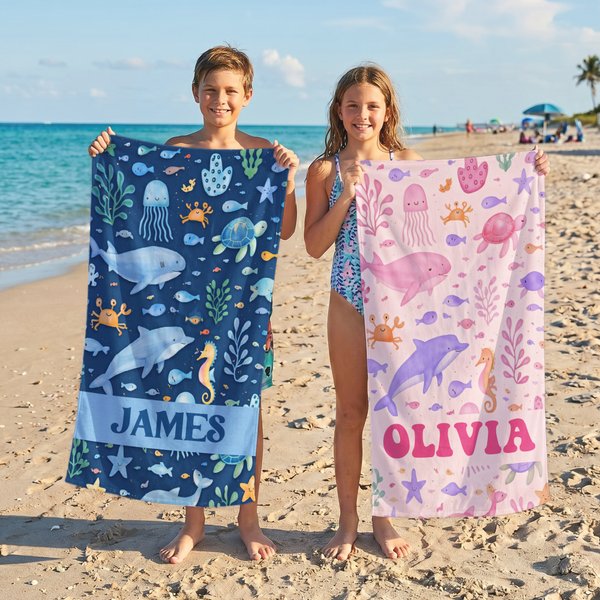 Personalized Ocean Creatures Oversized Quick Dry Beach Towel with Name Beach Accessories Birthday Gift for Kids