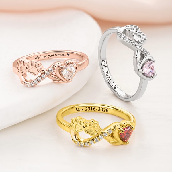 Henkilökohtainen Infinity Symbol Paw Print Sterling Silver Ring teksti ja sydän Birthstone Pet Loss Sympathy Memorial lahja lemmikkieläinten omistaja rakastaja