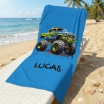 Serviette de plage personnalisée avec nom pour les vacances d'été, les anniversaires et les fêtes de plage pour les garçons, les enfants et les adolescents qui aiment les camions.