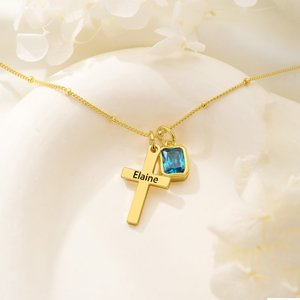 Personalisierte Kreuz Halskette mit Namen und Geburtsstein zierlichen christlichen Schmuck Taufe Geschenk für Frau
