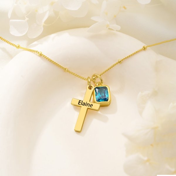Personalisierte Kreuz Halskette mit Namen und Geburtsstein zierlichen christlichen Schmuck Taufe Geschenk für Frau