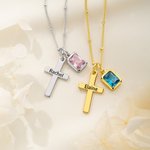 Personalisierte Kreuz Halskette mit Namen und Geburtsstein zierlichen christlichen Schmuck Taufe Geschenk für Frau