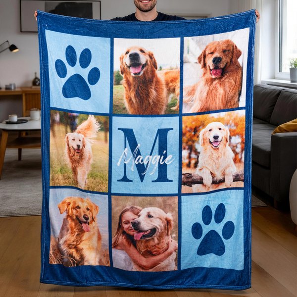 Personalized Multicolor Paw Print 6 Pet Photos Memorial Throw Blanket with Name and Initial Sympathy Birthday Gift for Cat Dog Pet Lovers