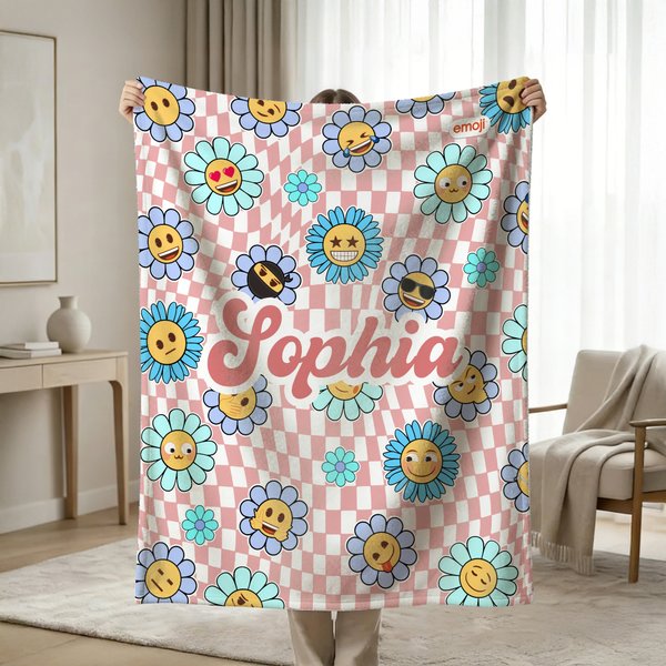 Personalizzato Multicolore Plaid Fiore Sorriso emoji Coperta morbida con nome Uso quotidiano Compleanno Anniversario Regalo per la famiglia Amici | Callie × emoji ™