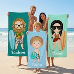Personalised Cartoon Character Quick Dry Soft Oversized Beach Towel with Name Summer Vacation Beach Party Birthday Gift for Family Friends