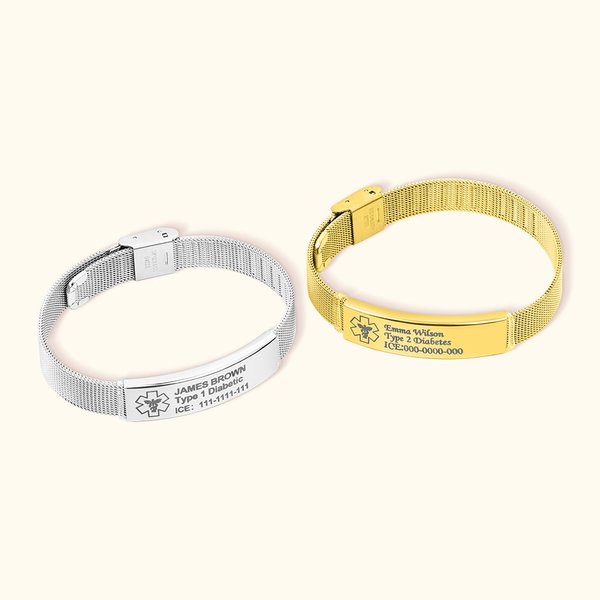 Personalised Adjustable Emergency Medical Alert ID Mesh Band Bracelet with Engraved Text Birthday Gift for Diabetes Allergy Autism Epilepsy