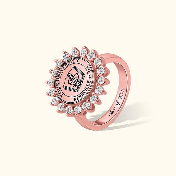 Anello personalizzato con stemma scolastico inciso e stemma di famiglia con pietra di nascita Regalo di laurea per la famiglia dei laureati
