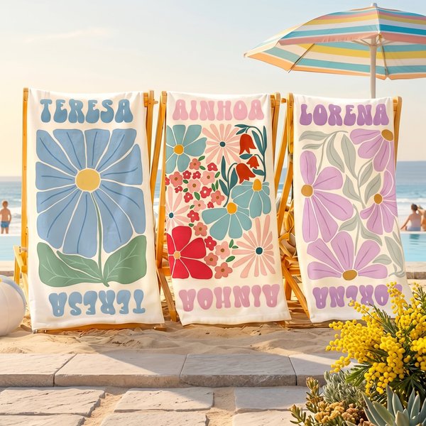 Toalla de playa personalizada de secado rápido con flores multicolor y nombre regalo para mujeres vacaciones de verano y fiesta en la piscina