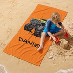 Serviette de plage personnalisée avec nom pour les vacances d'été, les anniversaires et les fêtes de plage pour les garçons, les enfants et les adolescents qui aiment les camions.