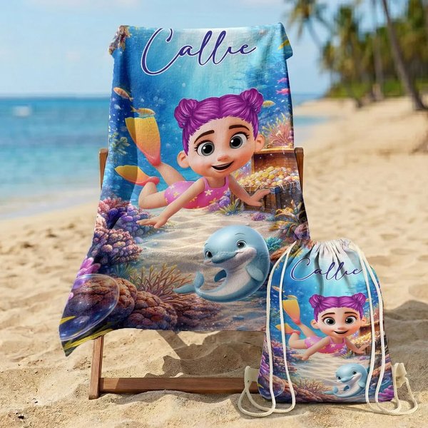 Personalisiertes Strandtuch mit eigener 3D Taucherfigur | mit Namen | sandabweisend | schnelltrocknend | Sommer Urlaub Geschenk für Familie Freunde