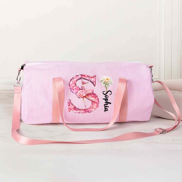 Personnalisé Cartoon Ballerina Initial Birth Flower Seersucker Duffle Bag with Name Travel Essential Game Day Birthday Gift for Ballet Dancers