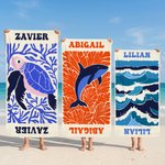 Personalized Fish Marine Life Art Illustration Oversized Quick Dry Beach Towel with Name Summer Vacation Travel Essentials Birthday Gift for Friends