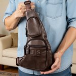 Personalised Minimalist Monogram PU Leather Crossbody Sling Chest Bag Father's Day Birthday Anniversary Gift for Dad Boyfriend Husband